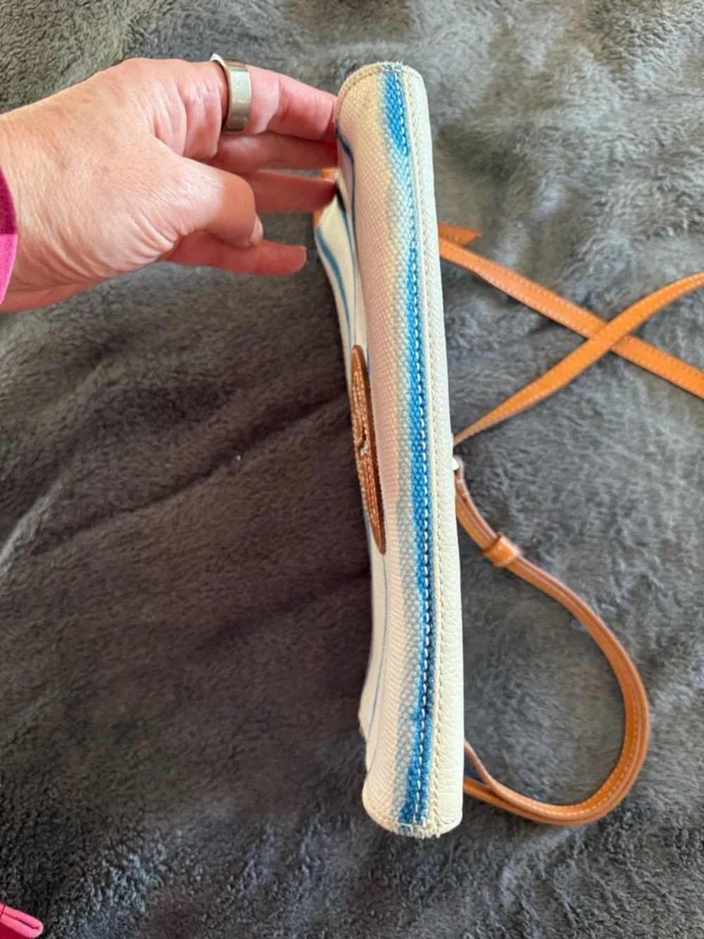 Brighton Canvas Stripe Crossbody with Anchor Patch - Blue & Tan - Picture 3 of 15